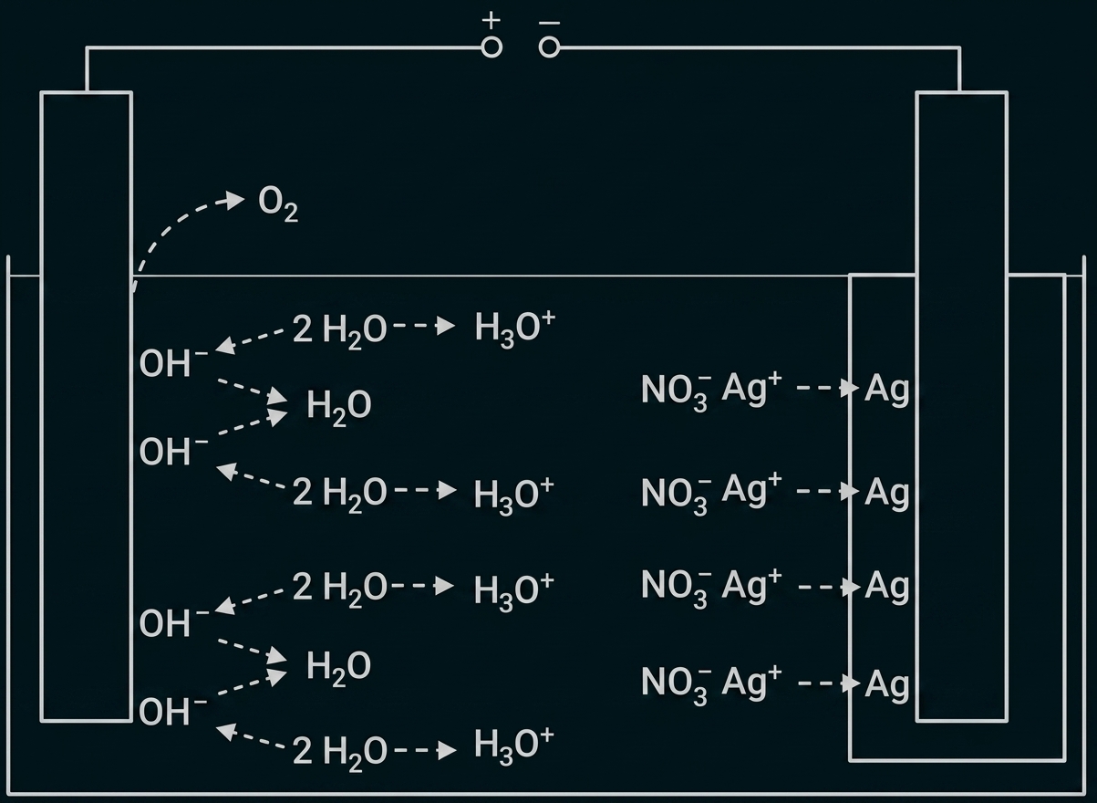 Schematische Darstellung einer Elektrolysezelle mit Elektroden, Ionenbewegung (OH-, H3O+, NO3-, Ag+) und Sauerstoffentwicklung.